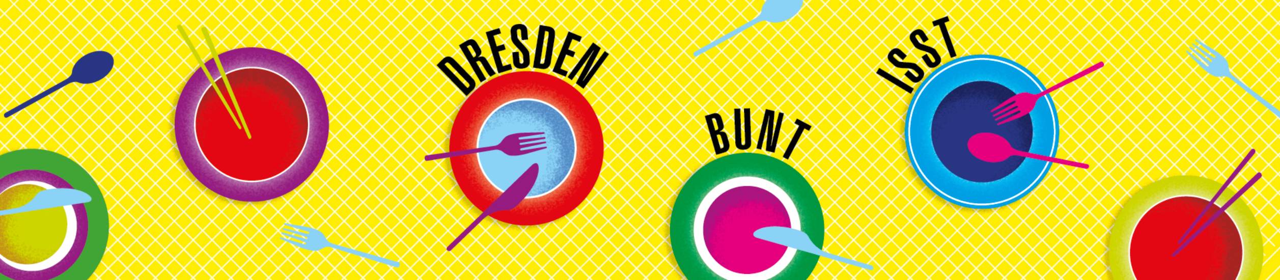 Buntes grafisches Banner mit Tellern, Besteck und Essstäbchen auf gelbem Hintergrund mit Rautenmuster. Auf drei Tellern stehen die Wörter ‚Dresden bunt isst‘