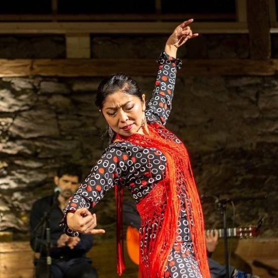 Eine Flamenco-Tänzerin in einem schwarzen Kleid mit weißen Punkten und rotem Schal tanzt ausdrucksstark. Sie hat einen Arm erhoben, der andere zeigt nach unten. Im Hintergrund spielen Musiker Gitarre und klatschen im Takt.