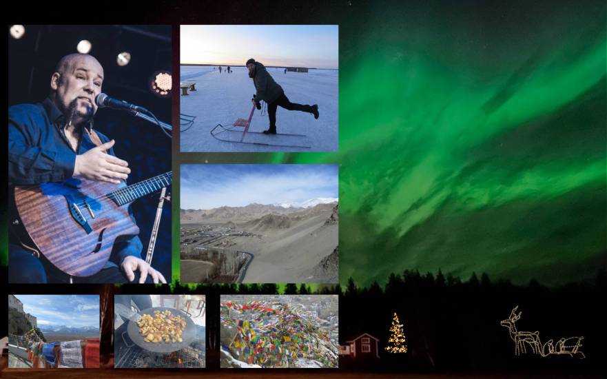 Fotocollage vor dem Hintergrund von grünem Polarlicht. Links oben: Musiker mit Gitarre auf der Bühne. Daneben: Person beim Schlittenfahren auf Eis. Darunter: Gebirgslandschaft. Unten: drei Fotos mit bunten Gebetsfahnen, einem Bergpanorama und einer Pfanne mit Essen. Rechts unten: eine kleine Zeichnung eines Rentiers neben einem geschmückten Weihnachtsbaum vor einem Haus.