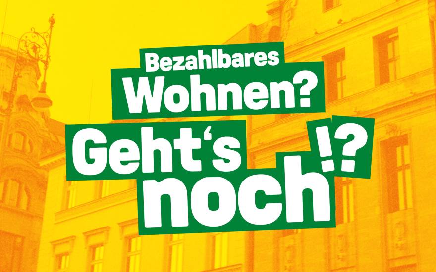 Bild gelb mit orangem Hintergrund - eine Häuserzeile, darauf grüne Balken mit weißer Schrift 