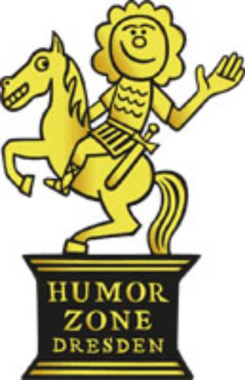 Logo Humorzone - Goldener Reiter auf einem Sockel