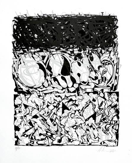 abstrakte Grafik in schwarz-weiß. Werk der Ausstellung LackStreicheKleber von dem Künstler Anders Reventlov