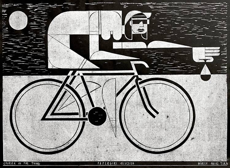 abstrakte Grafik einer weiblich gelesenen Person auf einem Fahrrad. Sie streckt den linken Arm nach vorne und hält einen tropfenförmigen Gegenstand in der Hand.