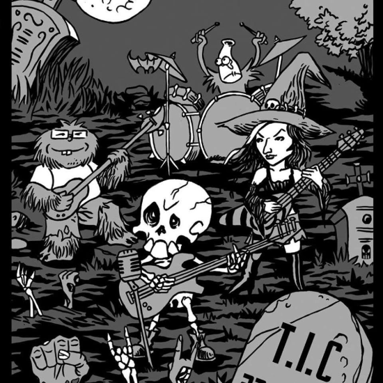 Ein schwarz-weiß Cartoon in dem ein weißes Skelett mit seiner Rockband auf einem Friedhof Musik spielt. Das Skelett spielt E-Gitarre. Zwei Monster und eine Hexe spielen Bass, Schlagzeug und E-Gitarre.