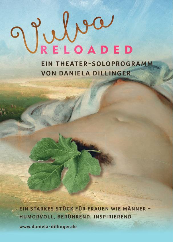 man sieht einen nackten Frauenkörper mit einem Blatt vor der Vulva