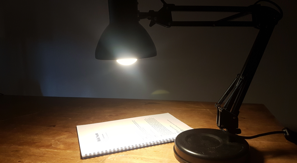 Eine schwarze Schreibtischlampe beleuchtet ein Ringbuch mit Texten.