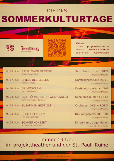 00_Gesamtplakat Das Gesamtplakat der Sommerkulturtage der Dreikönigschule zeigt eine Übersicht aller Termine im Juni 2026 und einen QR-Code, der zur Ticketseite führt.
