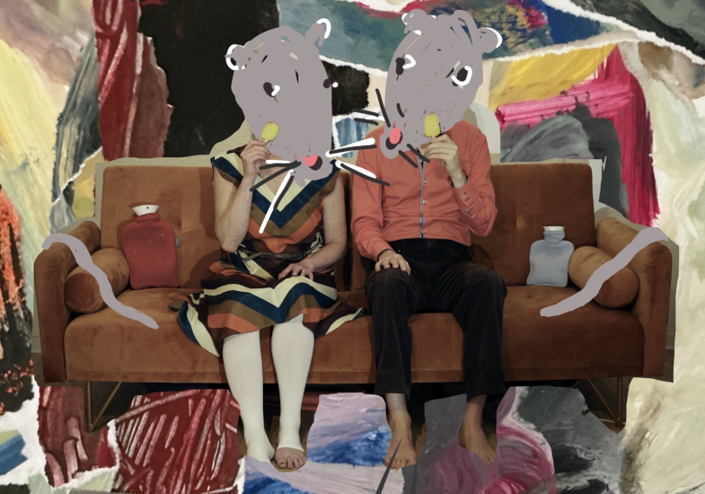 Collage von zwei Personen. Sie sitzen auf einem Sofa und essen Eis. Ihre Gesichter sind Mäuseköpfe.